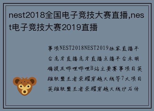 nest2018全国电子竞技大赛直播,nest电子竞技大赛2019直播